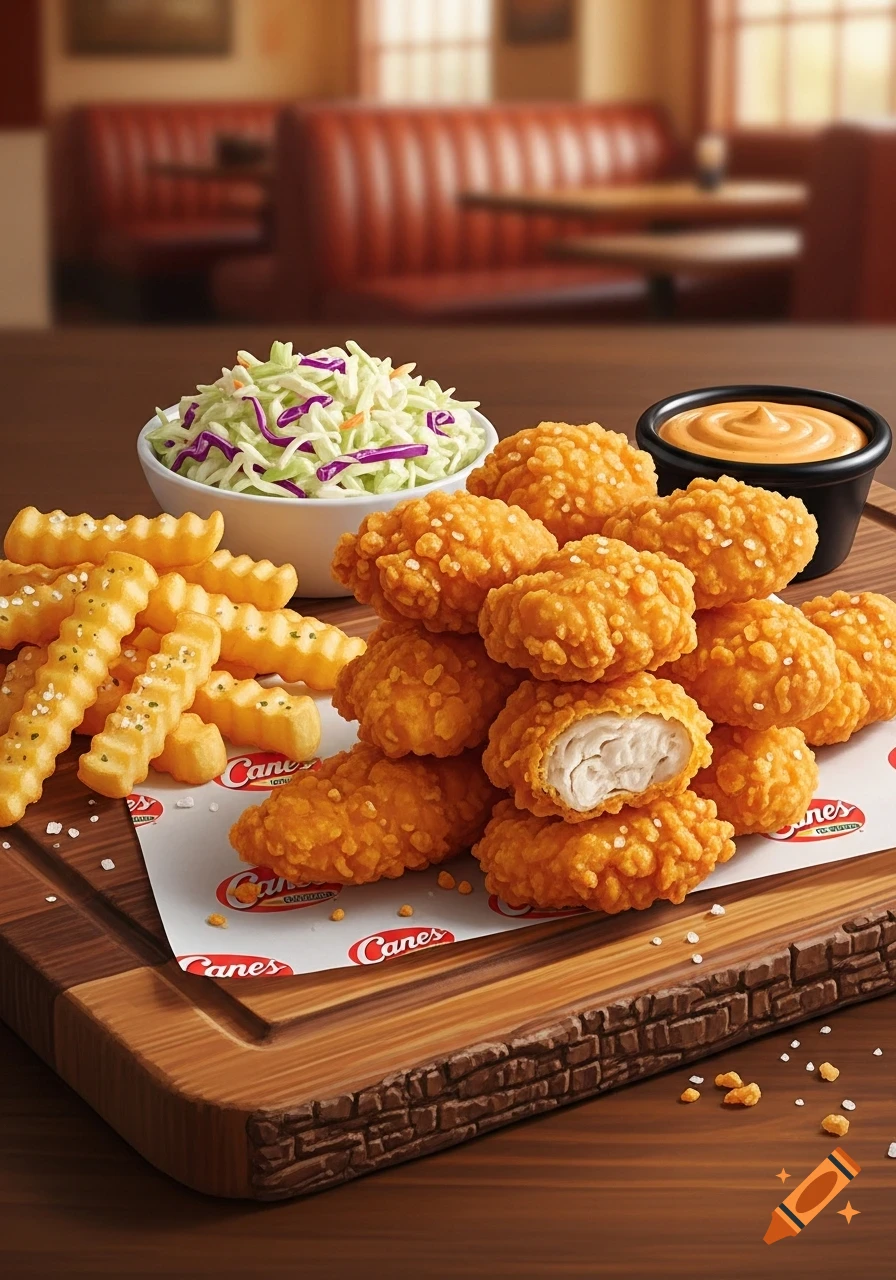 A photorealistic close-up of a chicken finger meal with crinkle-cut fries, coleslaw, and dipping sauce on a wooden board in a restaurant setting.