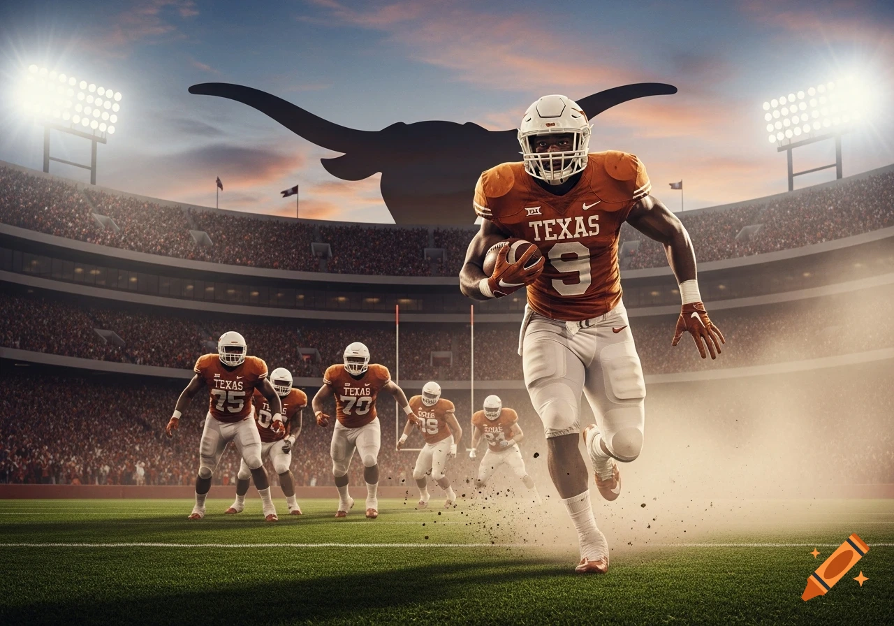 Photorealistic image of a Texas Longhorns football player running with the ball on a field in a stadium at sunset.