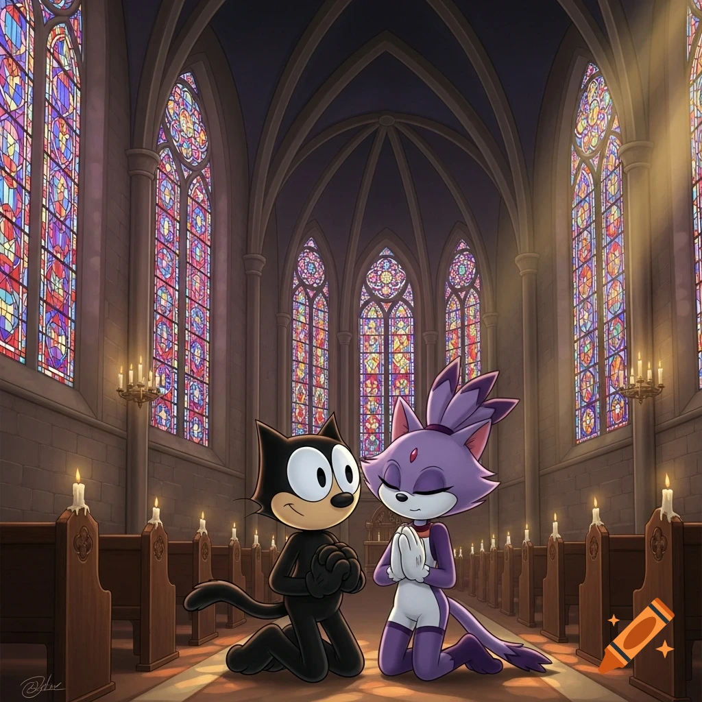 Felix the Cat and Blaze the Cat kneel, praying in a detailed cartoon church with stained glass windows.