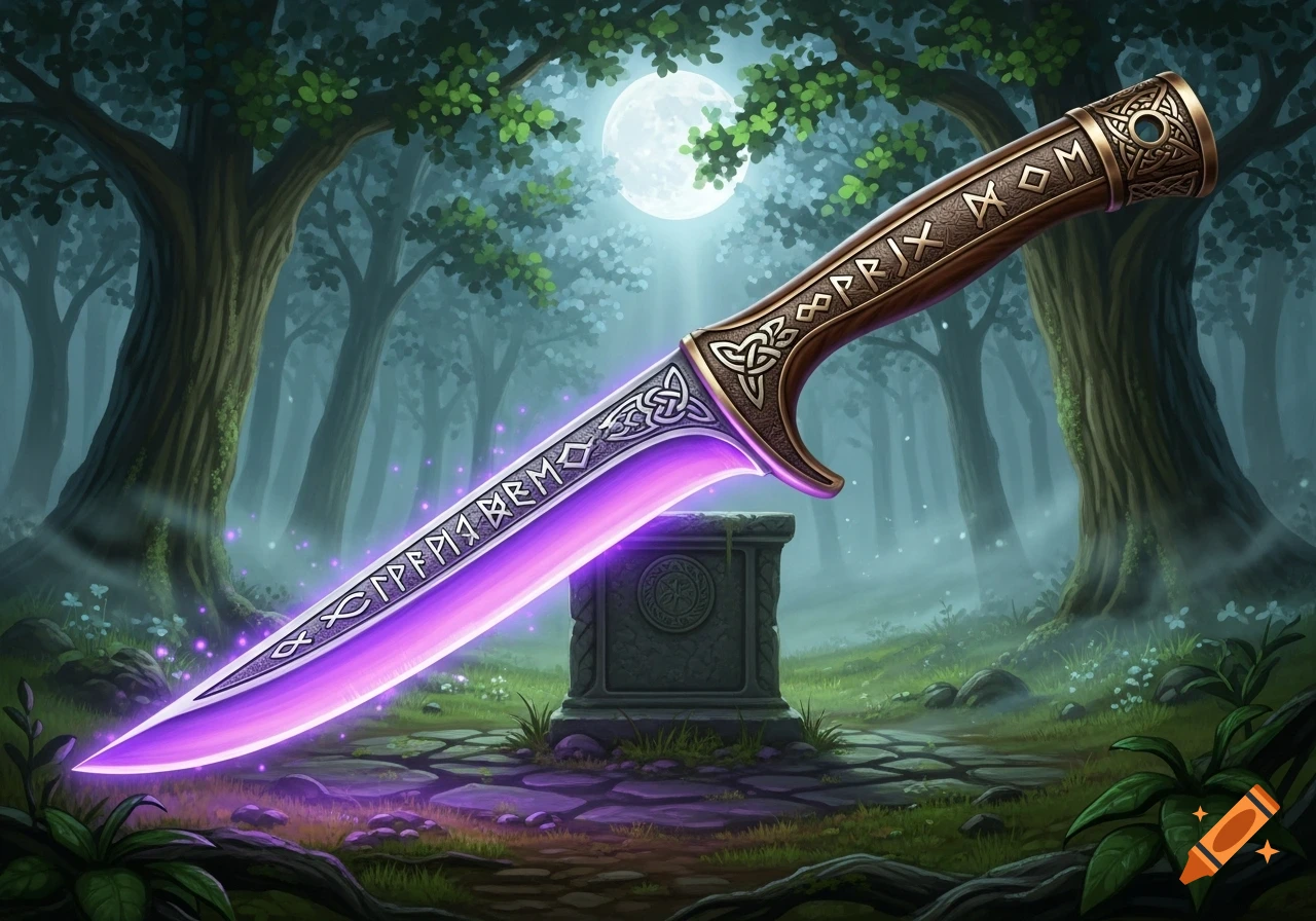 A stylized magical seax knife with a glowing purple blade, adorned with runic symbols, stands upright in a moonlit forest clearing. A stone altar is behind it.