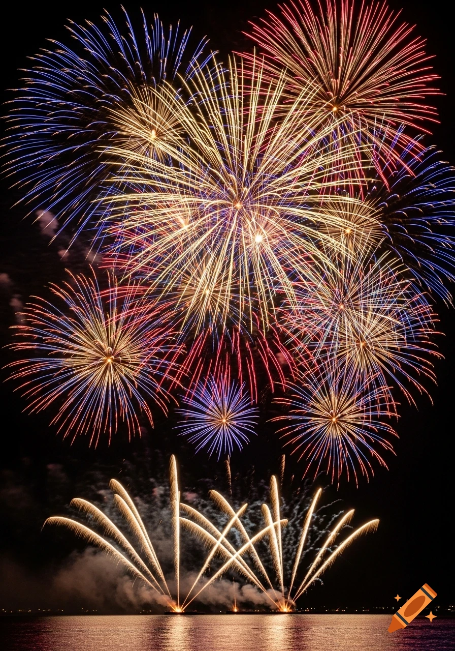 Vibrant fireworks explode over a dark body of water, their reflections shimmering below.