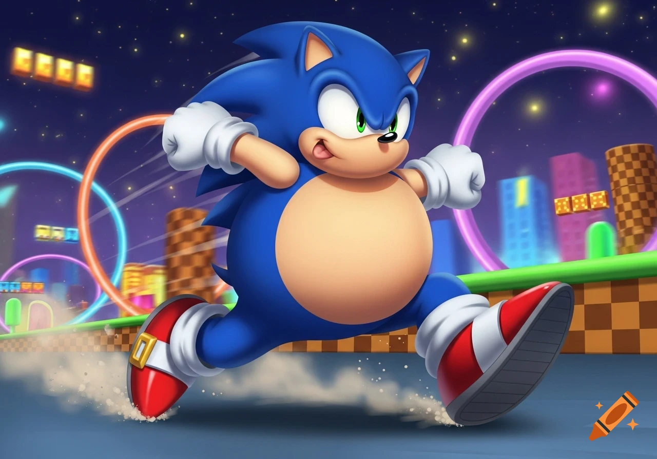Chubby blue Sonic the Hedgehog runs at high speed across a checkered landscape at night, with neon rings and city buildings in the background, in a vibrant cartoon style.