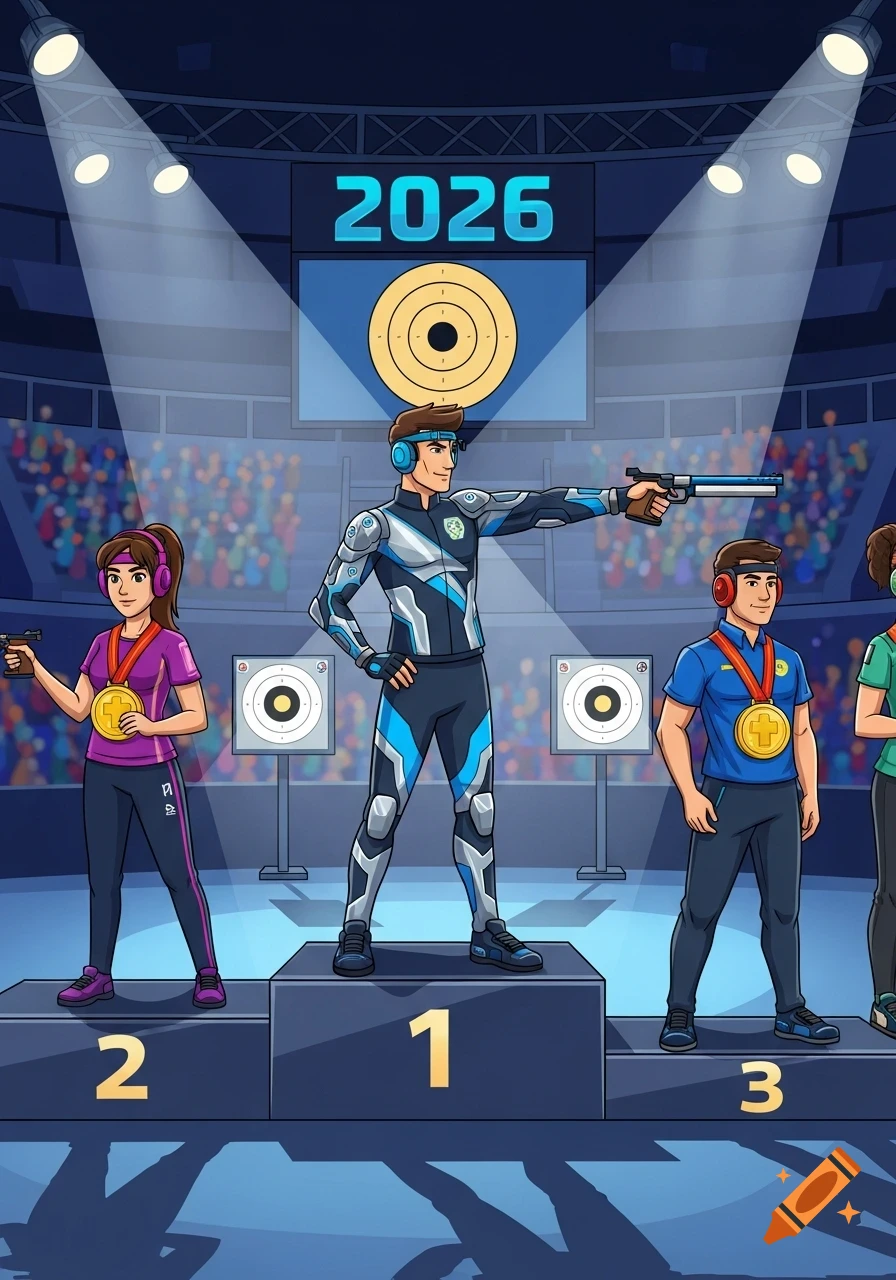 A cartoon illustration of a shooting sport competition with three medalists on a podium in a stadium. The central figure aims a pistol, with '2026' on a screen.