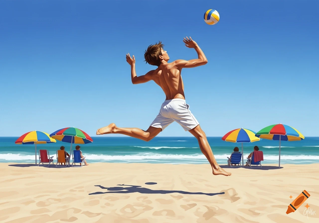 A boy jumps to hit a volleyball on a sunny beach with colorful umbrellas and the ocean in the background.