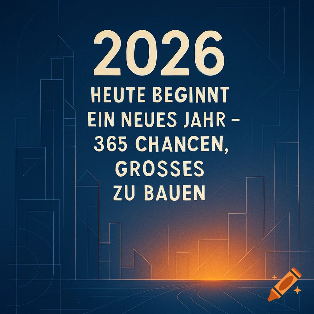 Stylized dark blue cityscape with the year 2026 and German text about new year's chances.