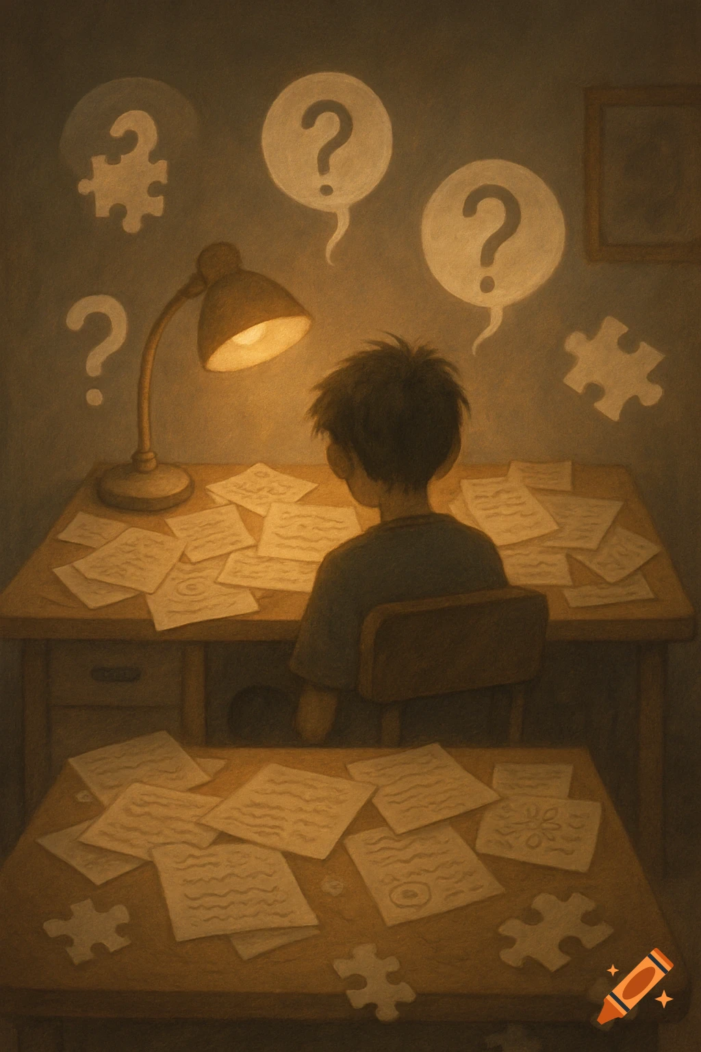 Digital painting of a child seen from behind, sitting at a desk covered in papers and puzzle pieces, with question marks floating above.