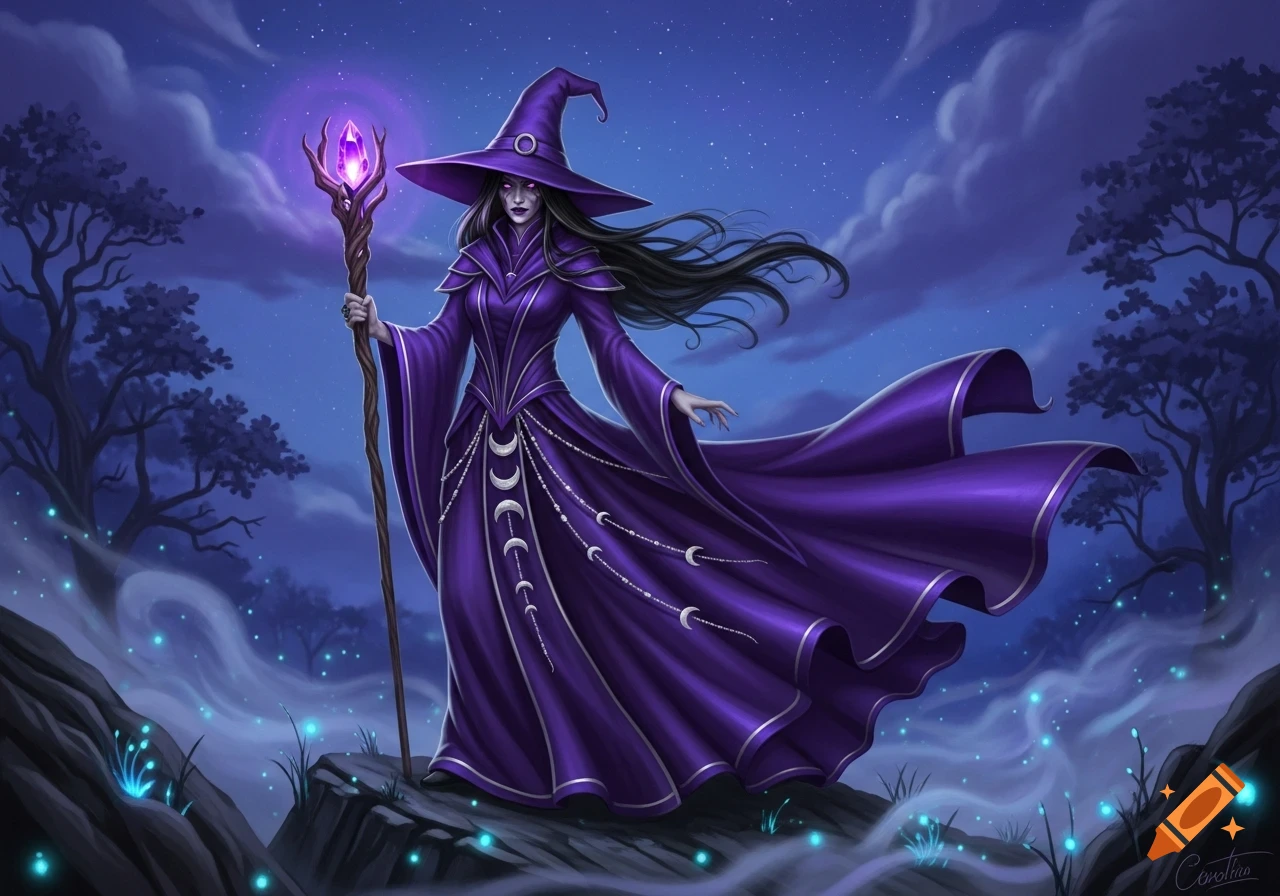 A dark-haired witch in a flowing purple gown and pointy hat stands on a rocky outcrop at night, holding a glowing crystal staff.