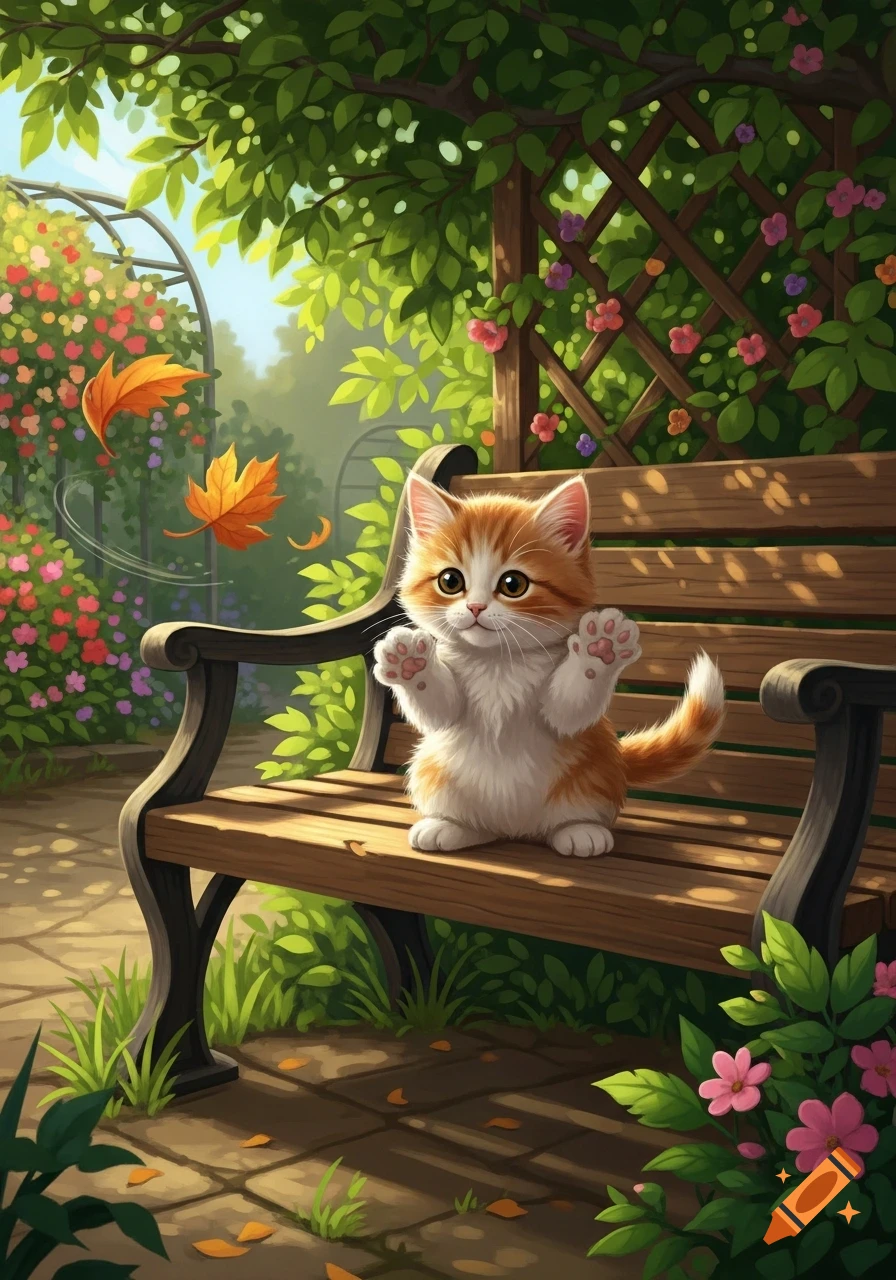 An adorable orange and white kitten sits on a wooden park bench ...
