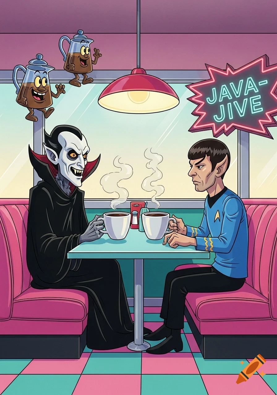 Cartoon Nosferatu and Spock drink coffee in a retro diner with a "JAVA-JIVE" sign and two floating, smiling coffee pots.