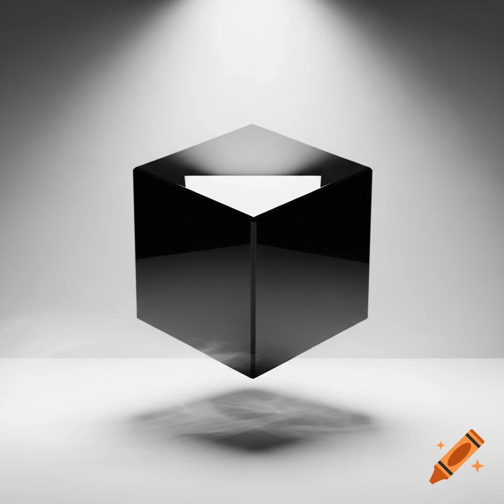A minimalist 3D render of a glossy black cube floating above a surface ...