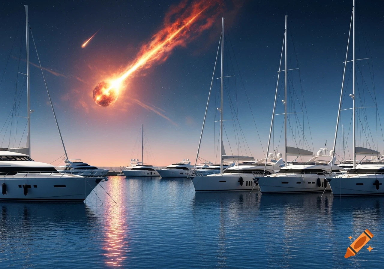 Photorealistic image of many white yachts in a harbor at night with a bright, fiery meteor streaking across the starry sky.