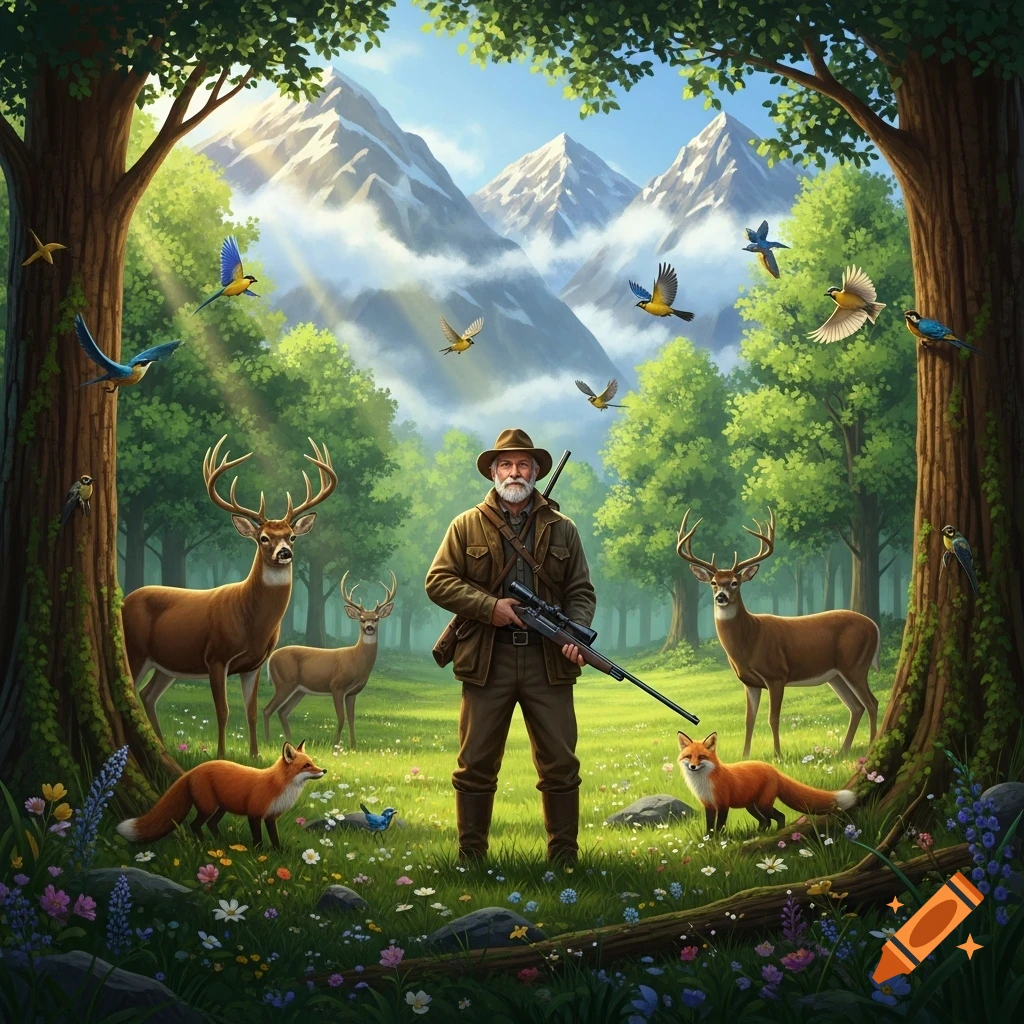 A hunter with a rifle stands in a lush forest clearing, surrounded by deer, foxes, and birds, with majestic mountains in the background, in an illustrative style.