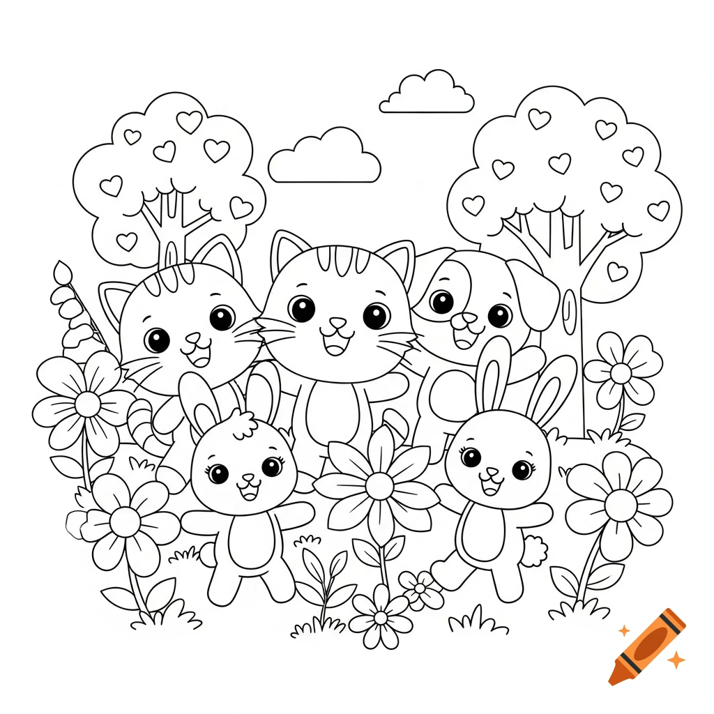 Black and white line art coloring page with smiling cartoon cats, a dog, and bunnies playing in a garden with flowers and trees.