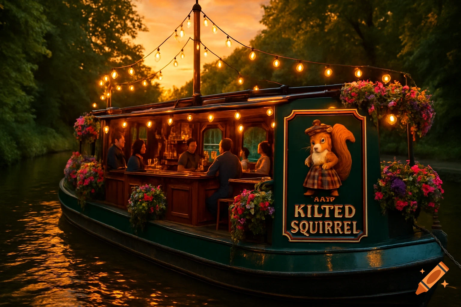 A picturesque canal boat pub at sunset, adorned with string lights and flowers, featuring a 'Kilted Squirrel' sign and people at the bar.