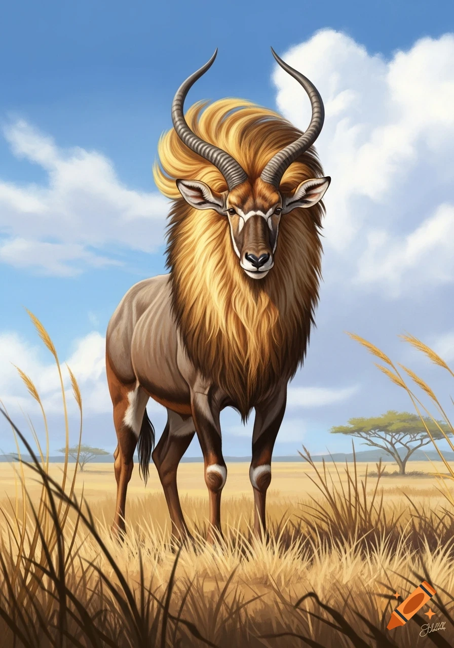 A fantastical ungulate with a lion's mane and spiral horns stands in golden savanna grass under a blue sky, digital art.