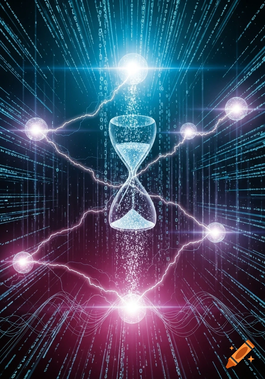 A glowing hourglass with binary code flowing like sand, surrounded by bright digital streams and electric arcs in blue and pink.