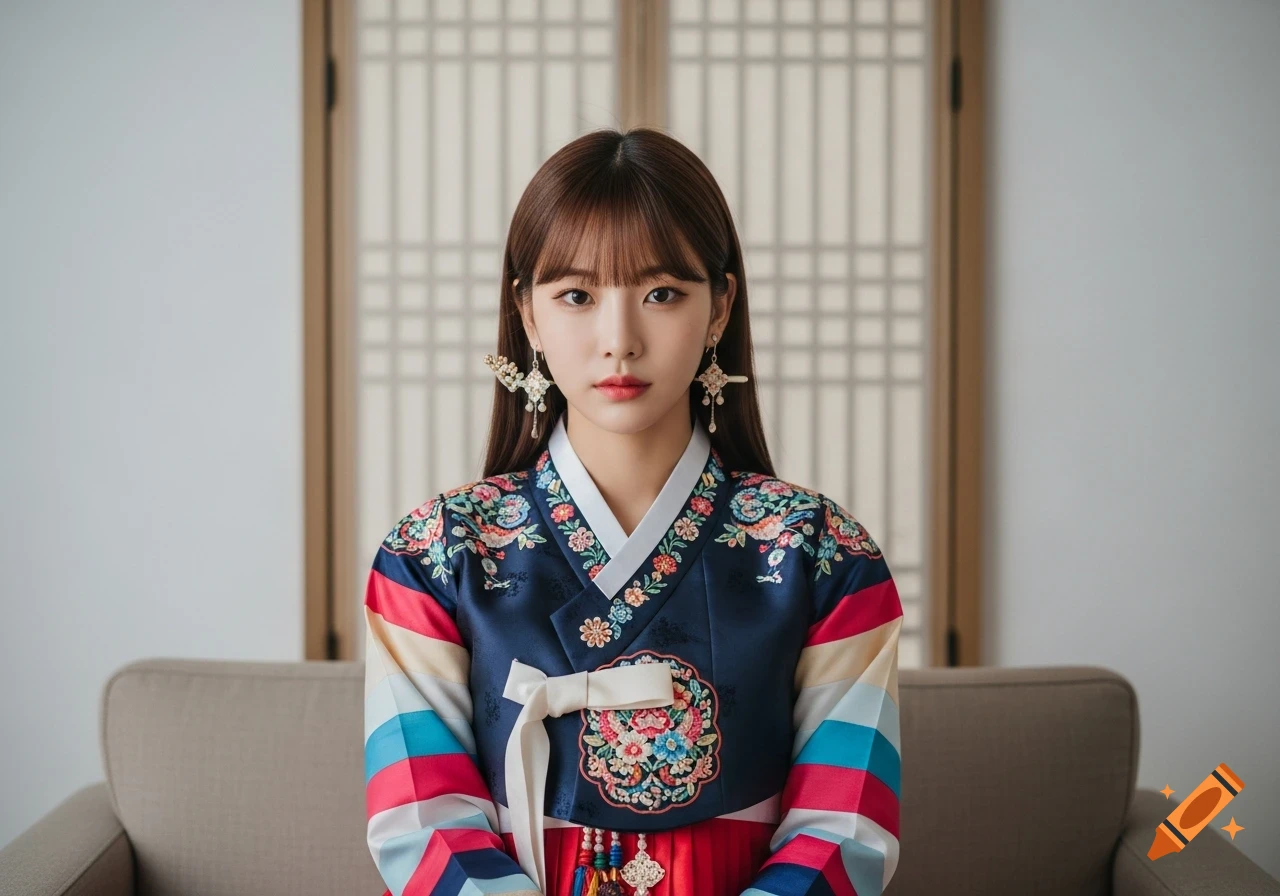 Young woman with long brown hair and bangs, wearing a colorful traditional Korean hanbok and earrings, sitting in front of a traditional screen.