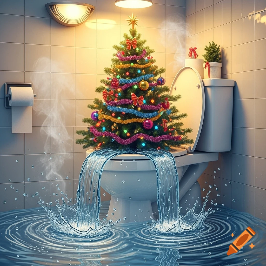 A decorated Christmas tree overflowing a toilet, with water flooding the tiled bathroom floor.