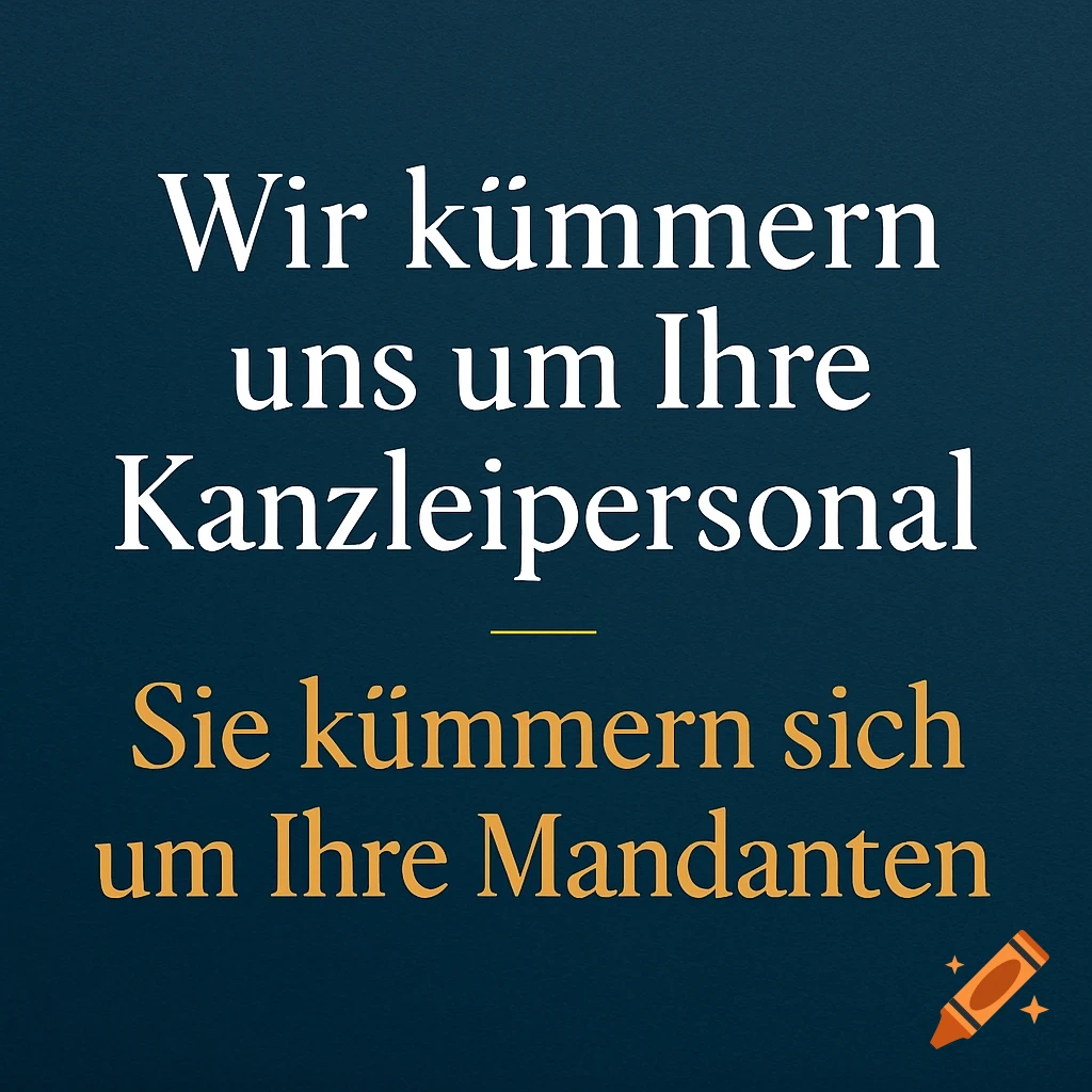 German text 'Wir kümmern uns um Ihre Kanzleipersonal - Sie kümmern sich um Ihre Mandanten' in white and gold on a dark blue background.