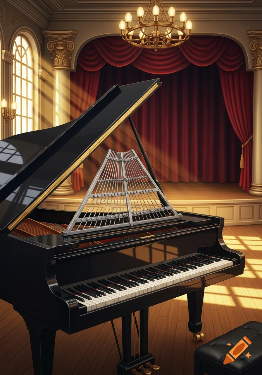 A shiny black grand piano with a metallic, triangular stringed device on top, set on a stage with red curtains and a chandelier.