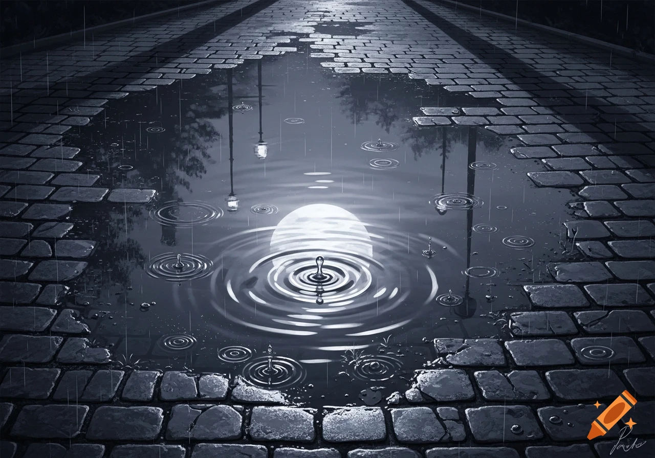 A digitally illustrated moon reflects in a puddle on a cobblestone street during a rainy night.