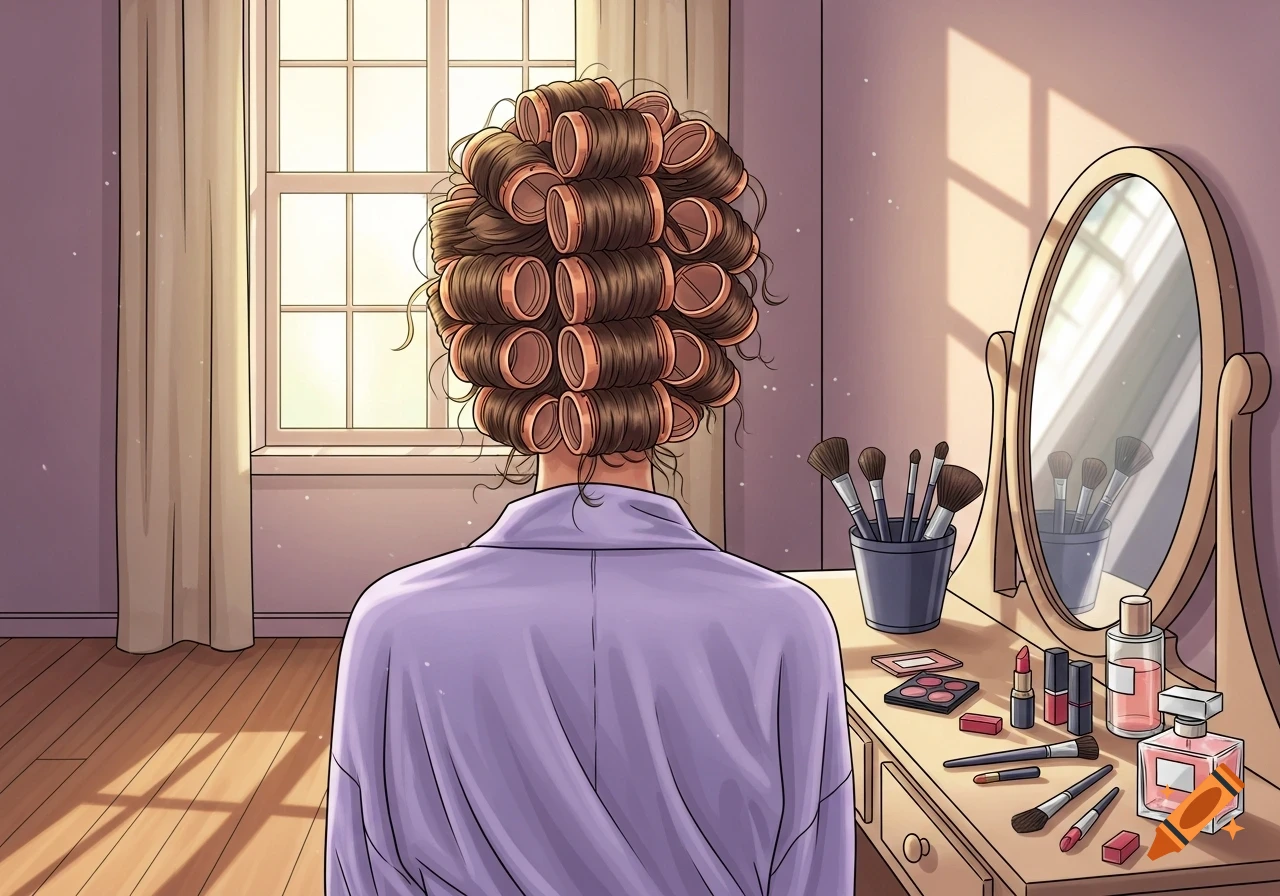 Illustration of a woman from behind with hair curlers, sitting at a vanity table with makeup, looking out a bright window.