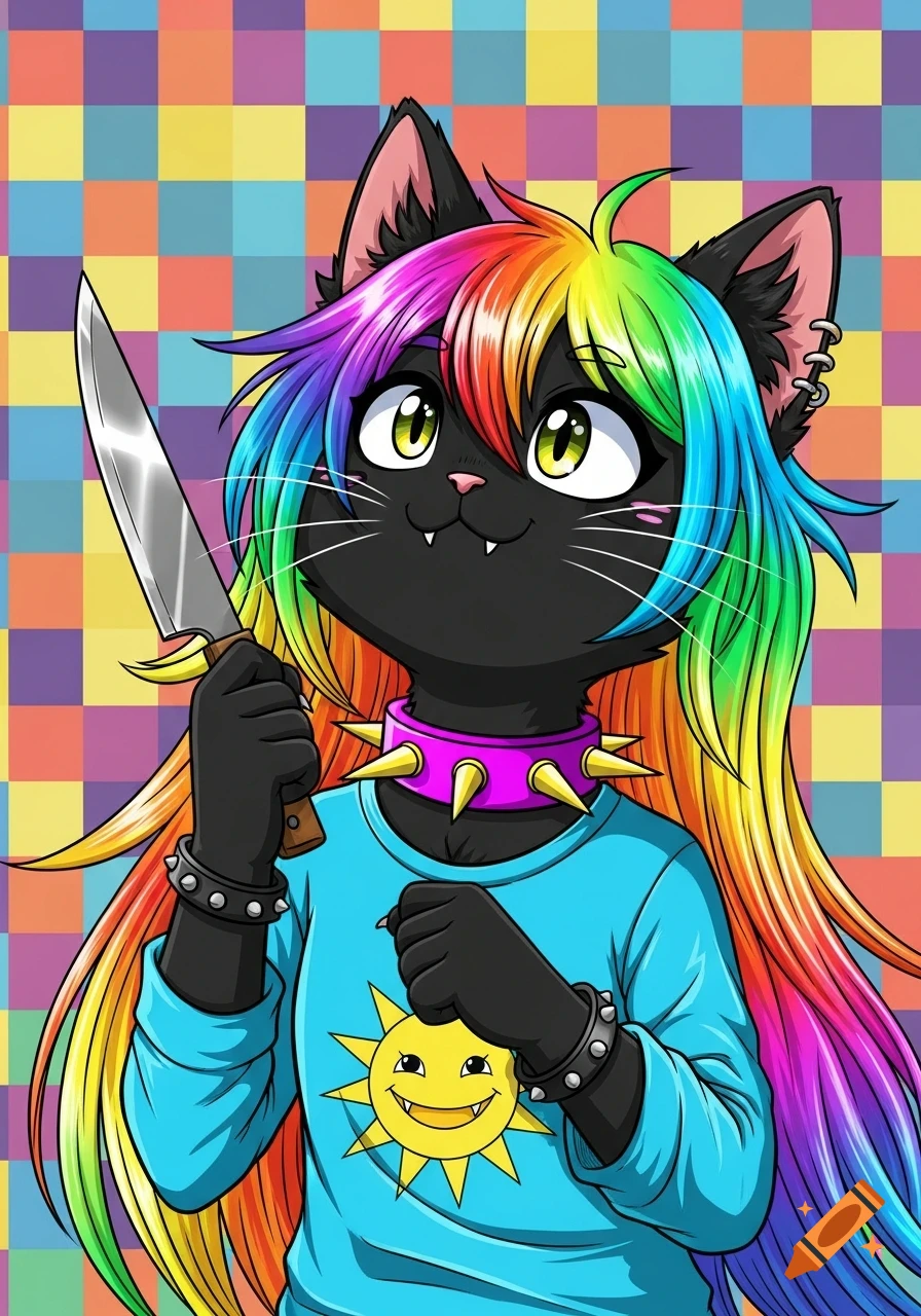A cartoon black cat fursona with rainbow hair, a spiked collar, and a cyan shirt holding a knife, against a colorful checkered background.