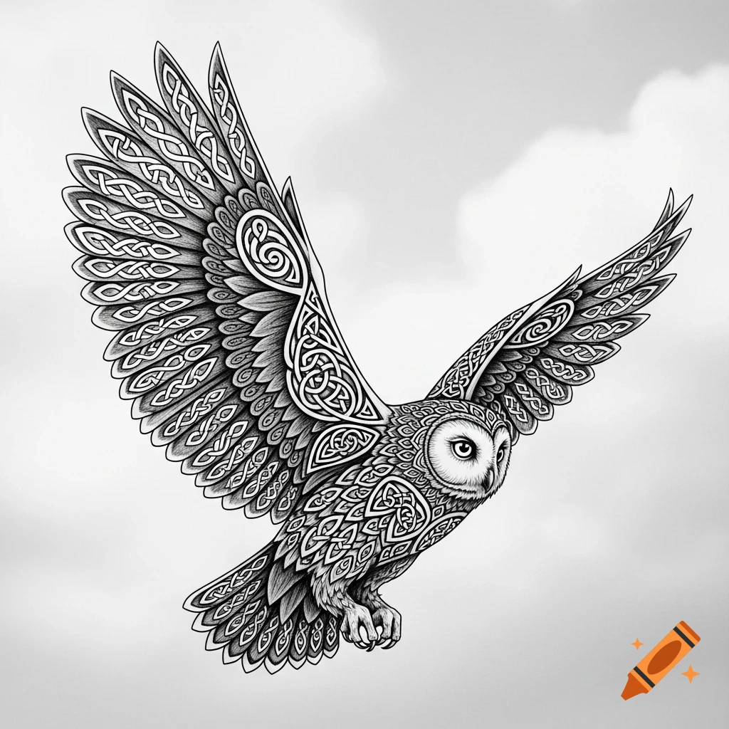 Black and white illustration of a flying owl with intricate Celtic knot patterns covering its body and wings, set against a light sky.