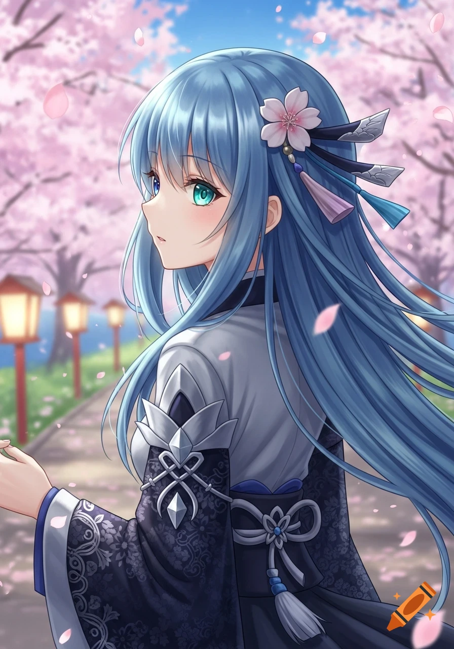 Anime girl with long blue hair, heterochromia eyes, wearing a dark kimono, walks under cherry blossoms with lanterns.