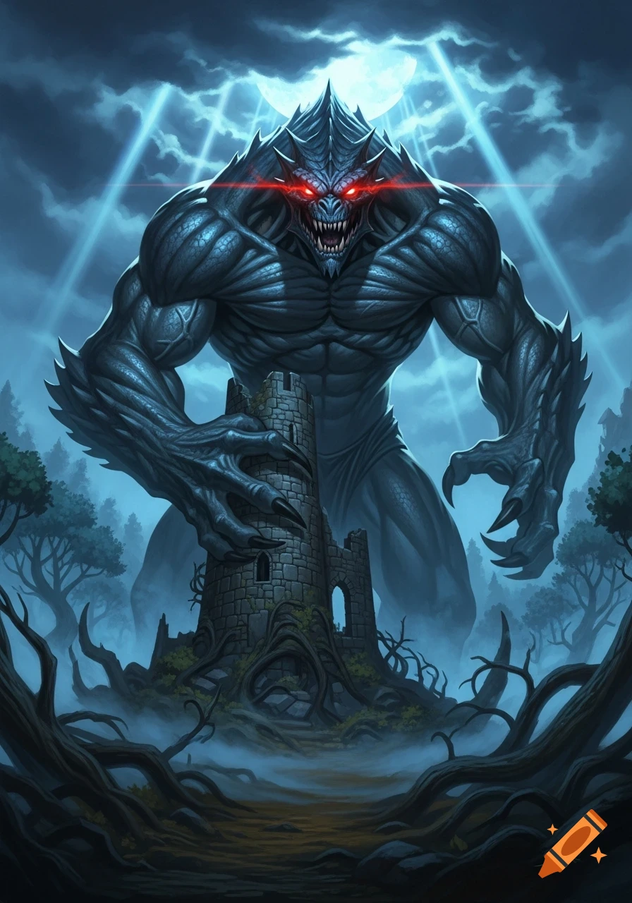 Giant blue-grey monster with red eyes looms over a ruined tower in a misty forest, digital art.