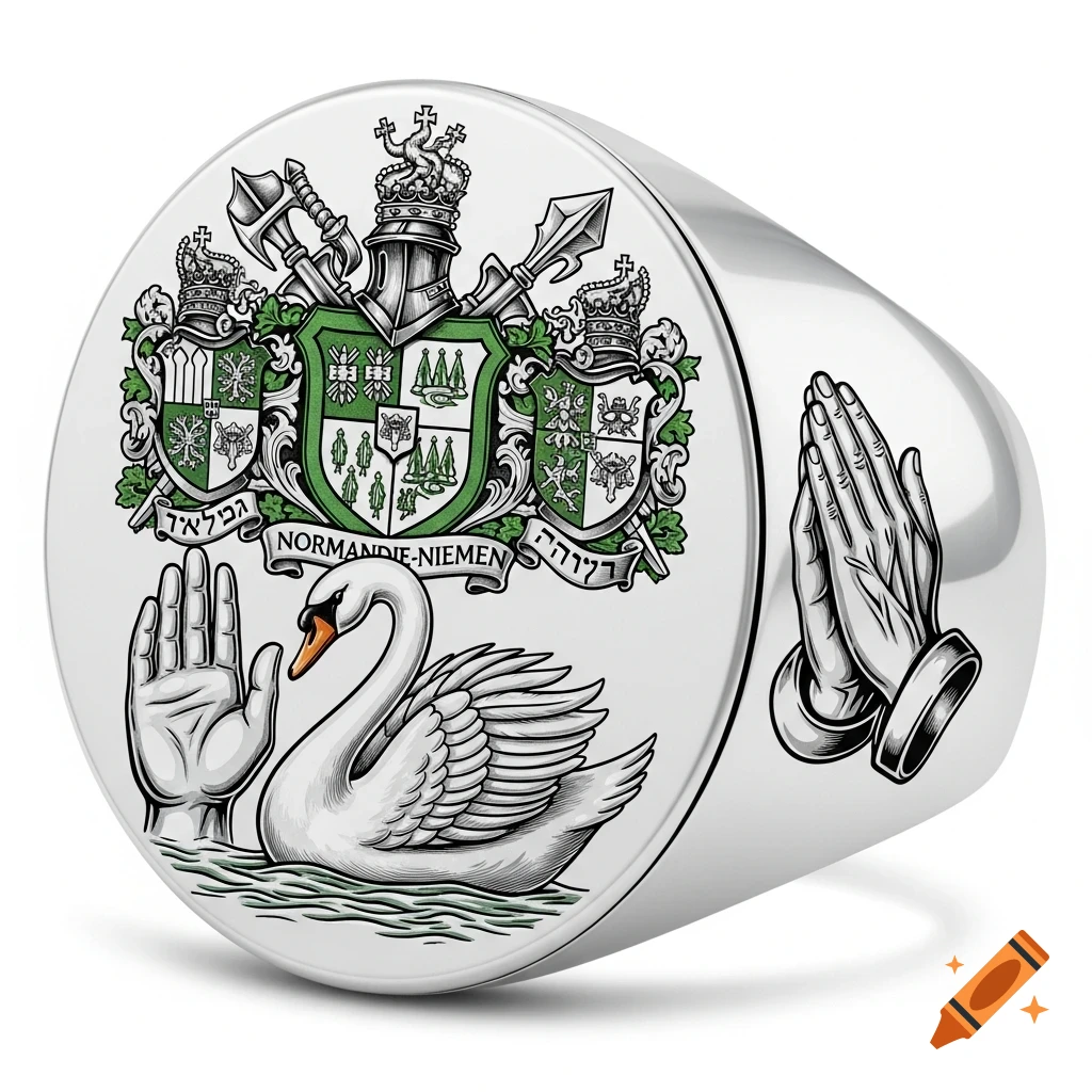 A detailed illustration of a silver signet ring with a green and white coat of arms, a swan, and a raised hand on the face, and praying hands on the side.