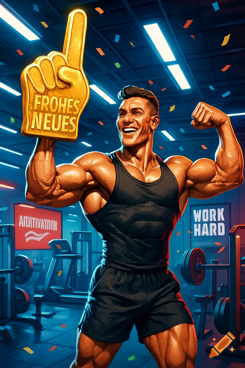 A muscular bodybuilder in a gym smiles and flexes, holding a golden foam finger that reads "FROHES NEUES". Confetti falls around him.