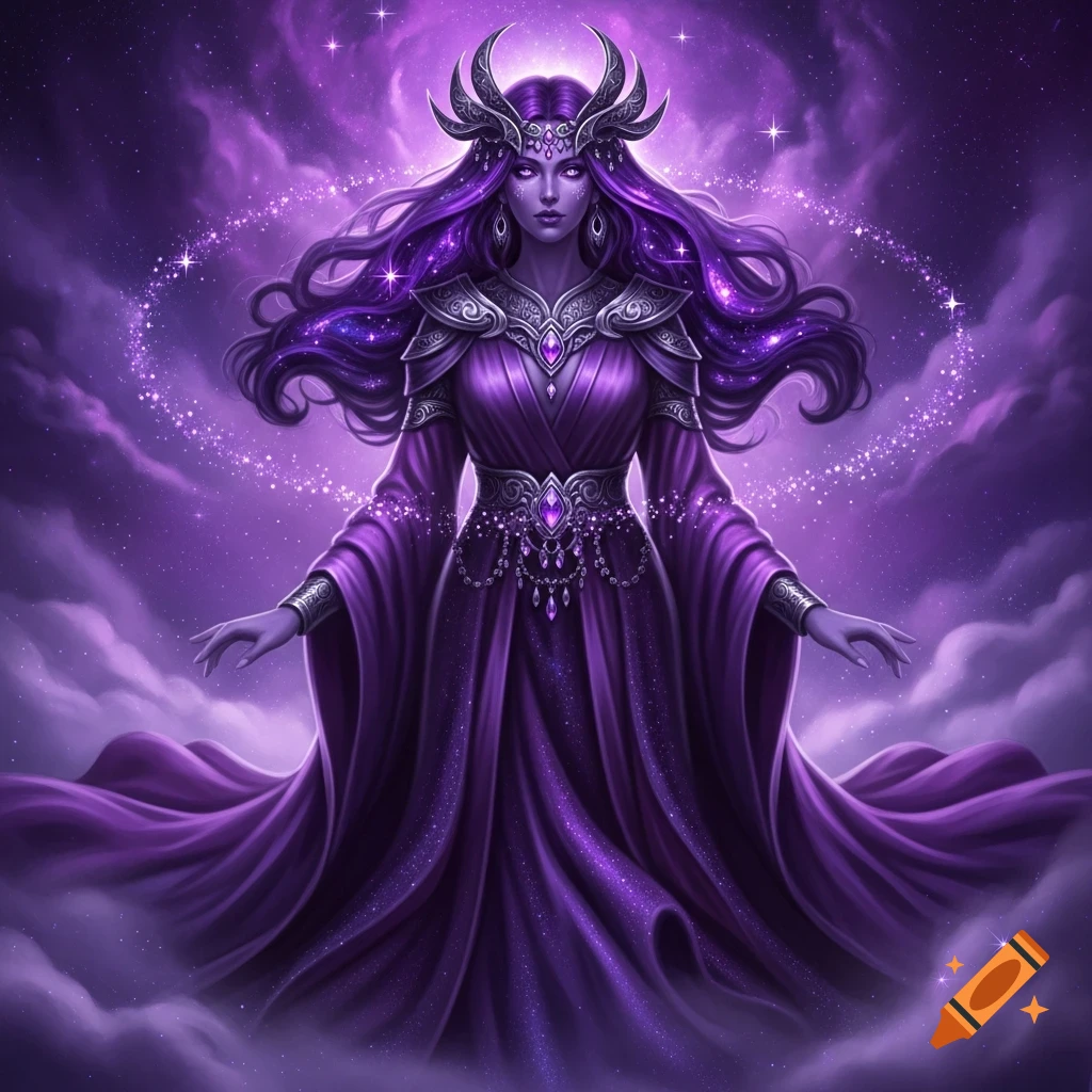 A majestic purple goddess with flowing starry hair and a horned crown stands in a cosmic cloudscape, digital art.