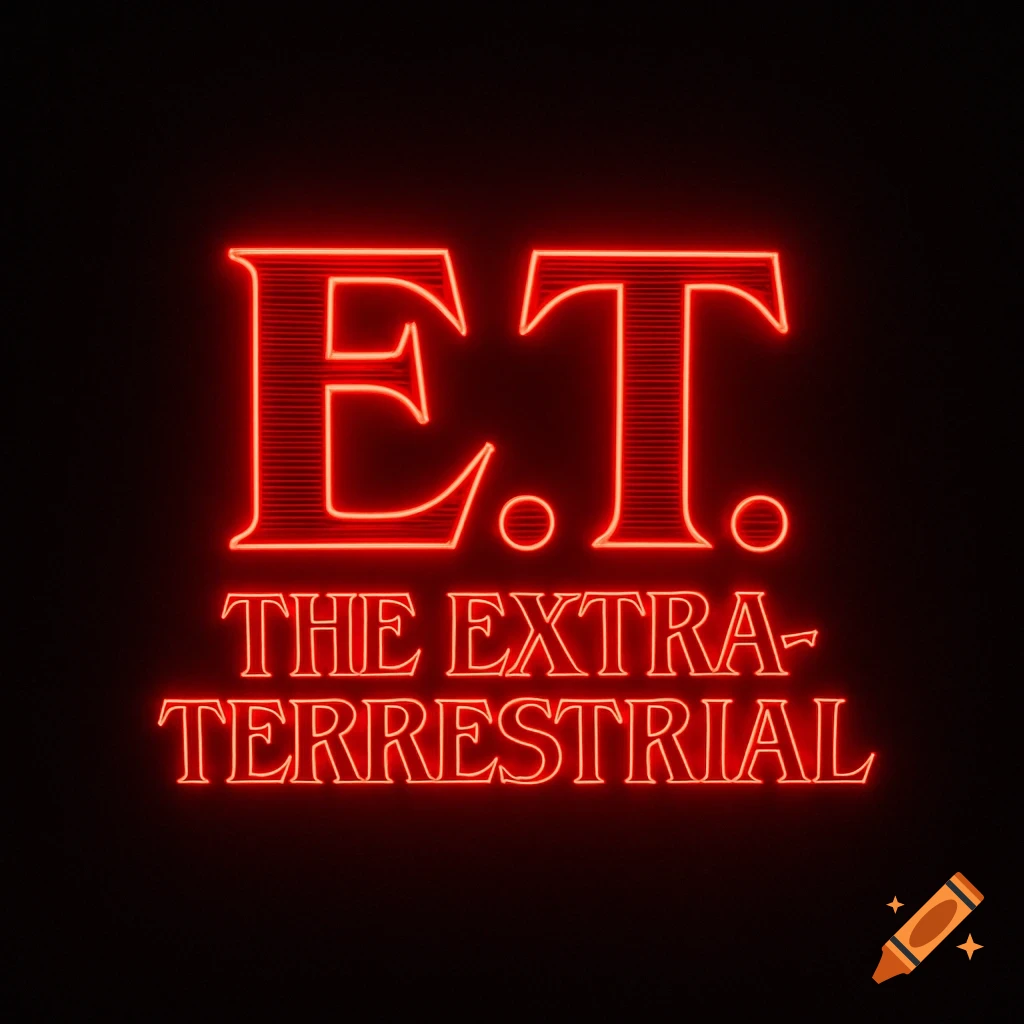 Neon red text on a black background, reading 'E.T. THE EXTRA-TERRESTRIAL' in a stylized font.