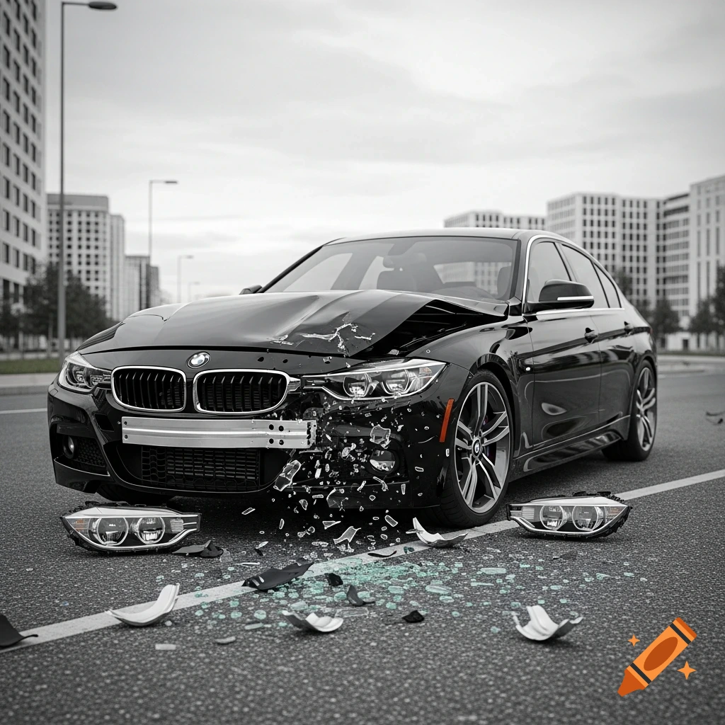 A black BMW f30 sedan with severe frontal collision damage, surrounded by shattered glass and car parts on a city street.