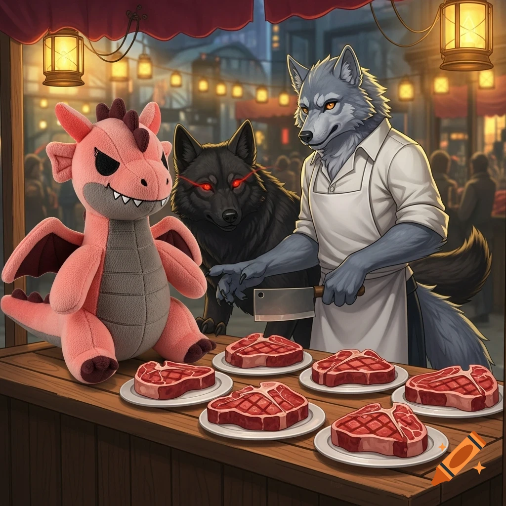 A silver werewolf butcher with a cleaver, a black wolf, and a pink plushie dragon at a market stall with plates of T-bone steaks.