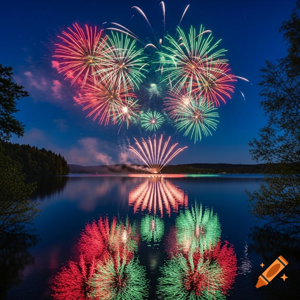 Vibrant red and green fireworks explode over a tranquil lake at night, with their colorful reflections shimmering on the water.