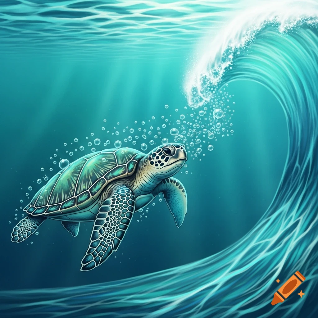 Stylized sea turtle swims in turquoise ocean with rising bubbles forming a barreling wave, in a samoan sketch style.