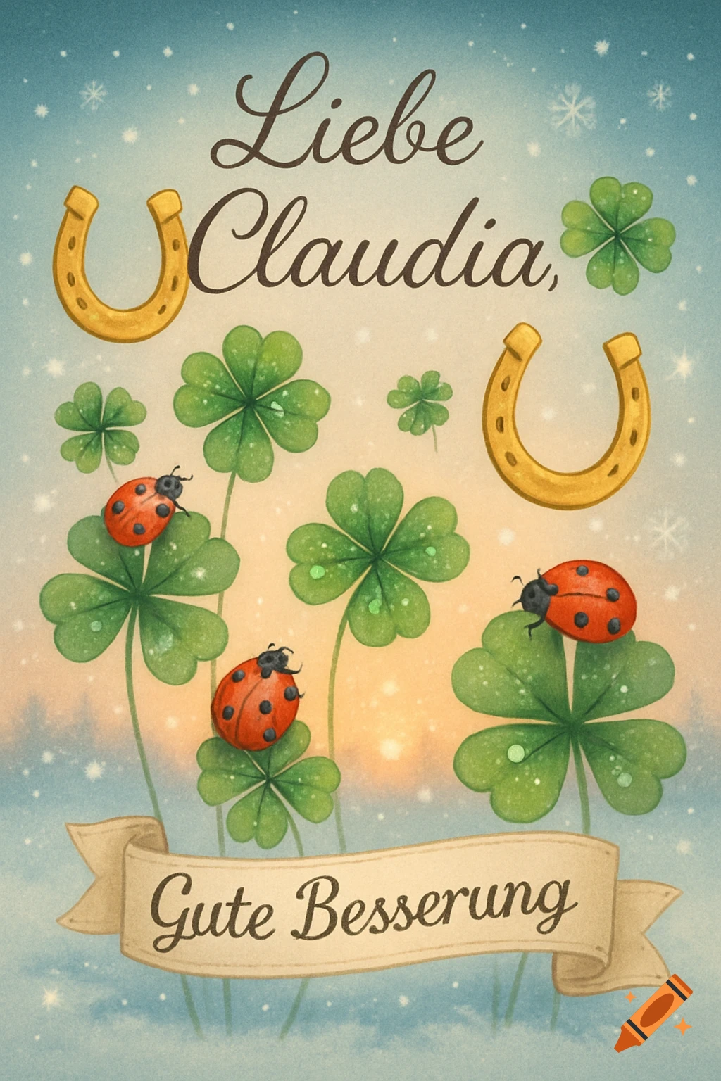 Whimsical greeting card with "Liebe Claudia, Gute Besserung" text, clovers, ladybugs, and golden horseshoes.
