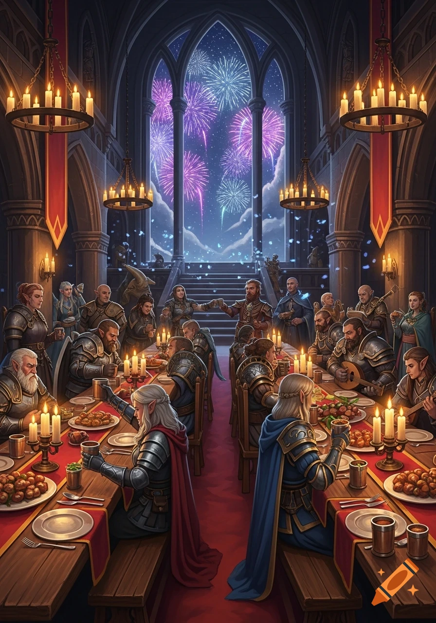 A fantasy new year's feast in a grand hall, with armored warriors and elves celebrating at long tables, as colorful fireworks explode outside a large arched window.