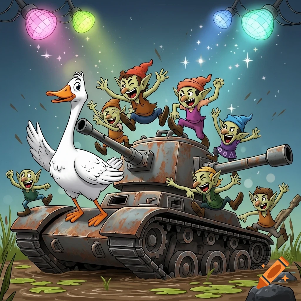 A cartoon goose and several goblins energetically dance on a rusty tank in a muddy swamp under disco lights.
