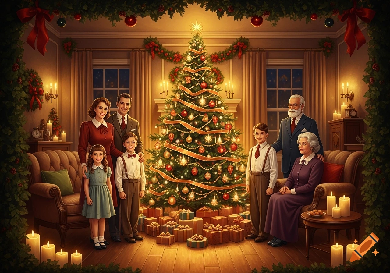 A family of six, including children and grandparents, stands around a brightly lit Christmas tree with presents in a cozy vintage-style living room.