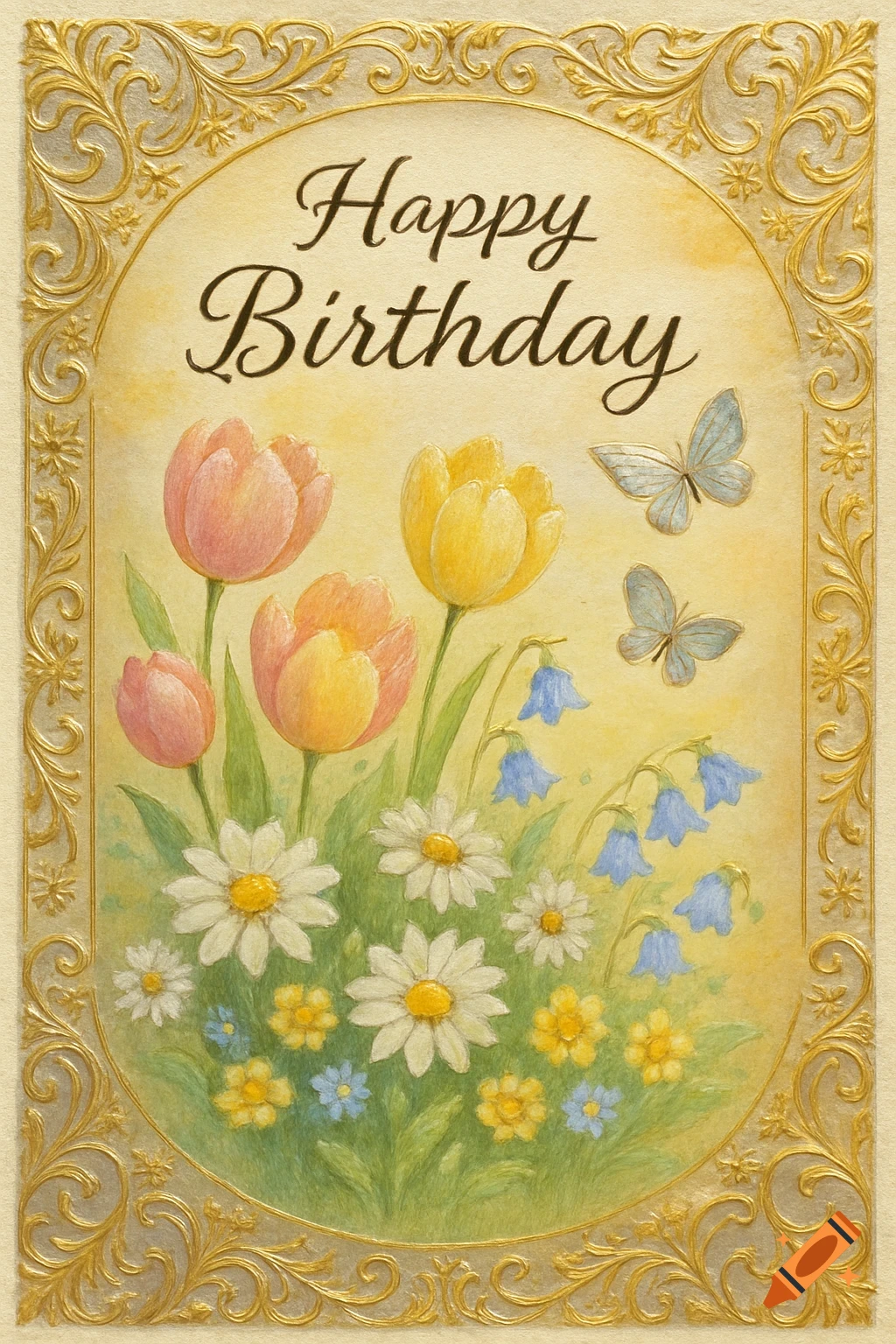 A watercolor Happy Birthday greeting card with tulips, daisies, bluebells, and butterflies within a gold embossed frame.