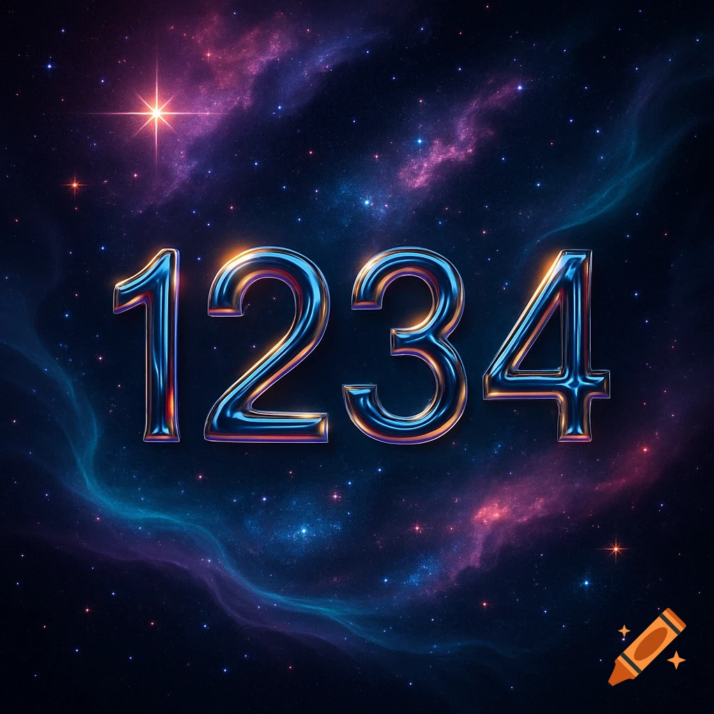 Shiny metallic numbers 1234 against a vibrant cosmic background with stars and nebulae.