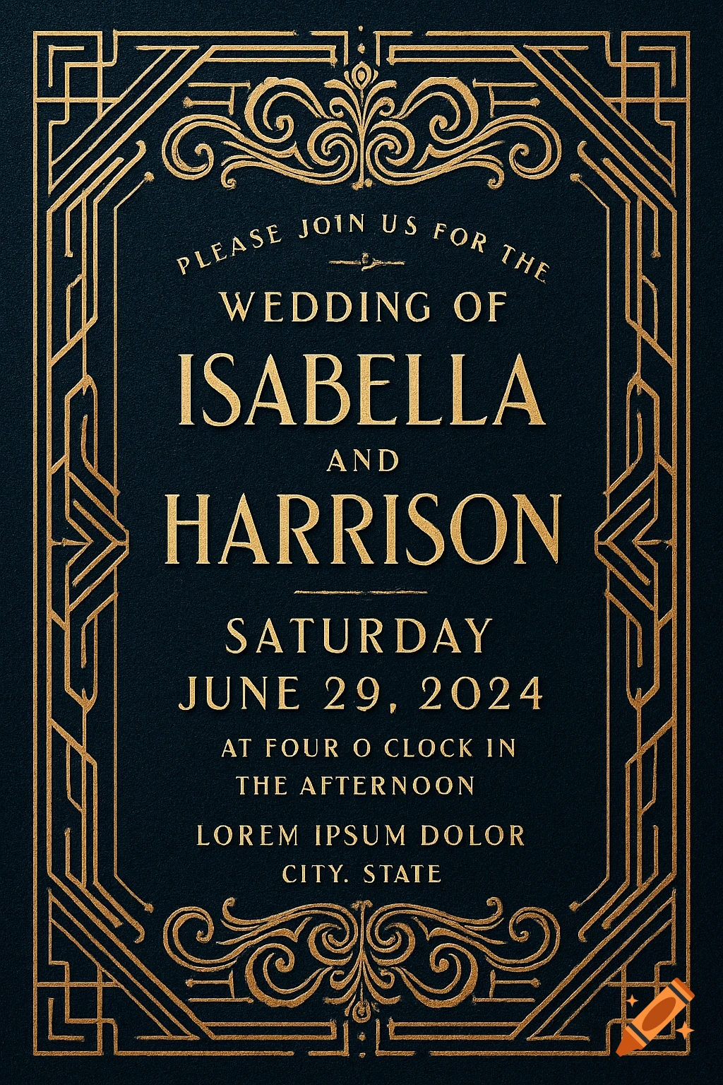 An elegant Art Deco wedding invitation in gold and black, featuring ornate borders and text.