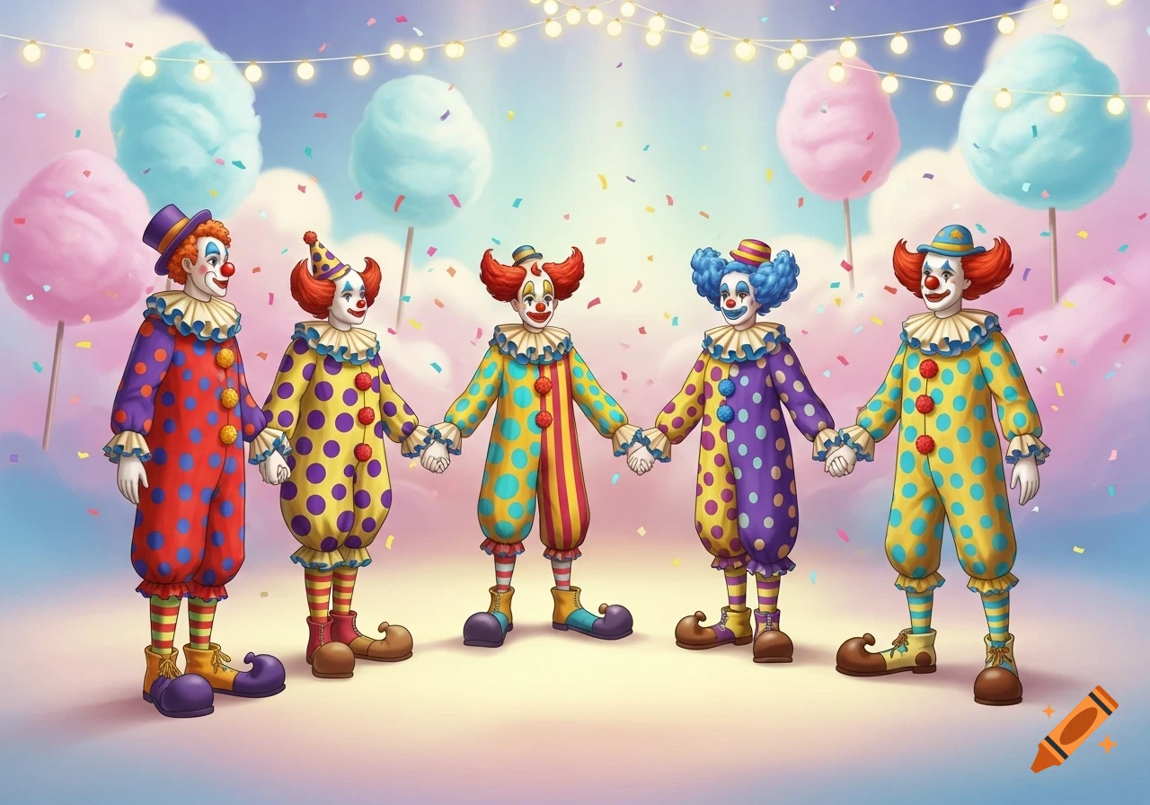 Five colorful clowns in dotted costumes hold hands under festive string lights and falling confetti, with large cotton candy clouds in the background.