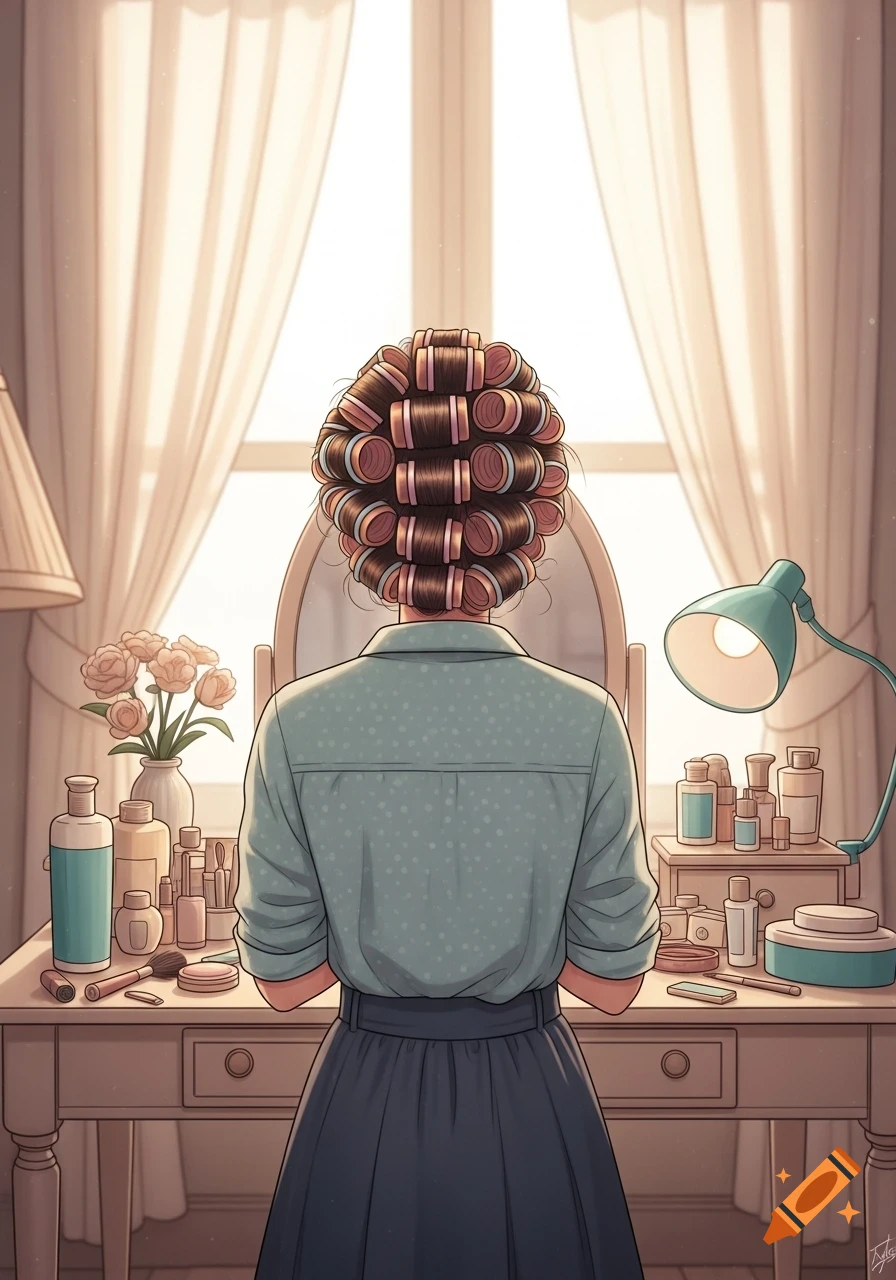 Illustration of a woman with curlers in her hair, seen from behind, sitting at a vanity table with cosmetics.