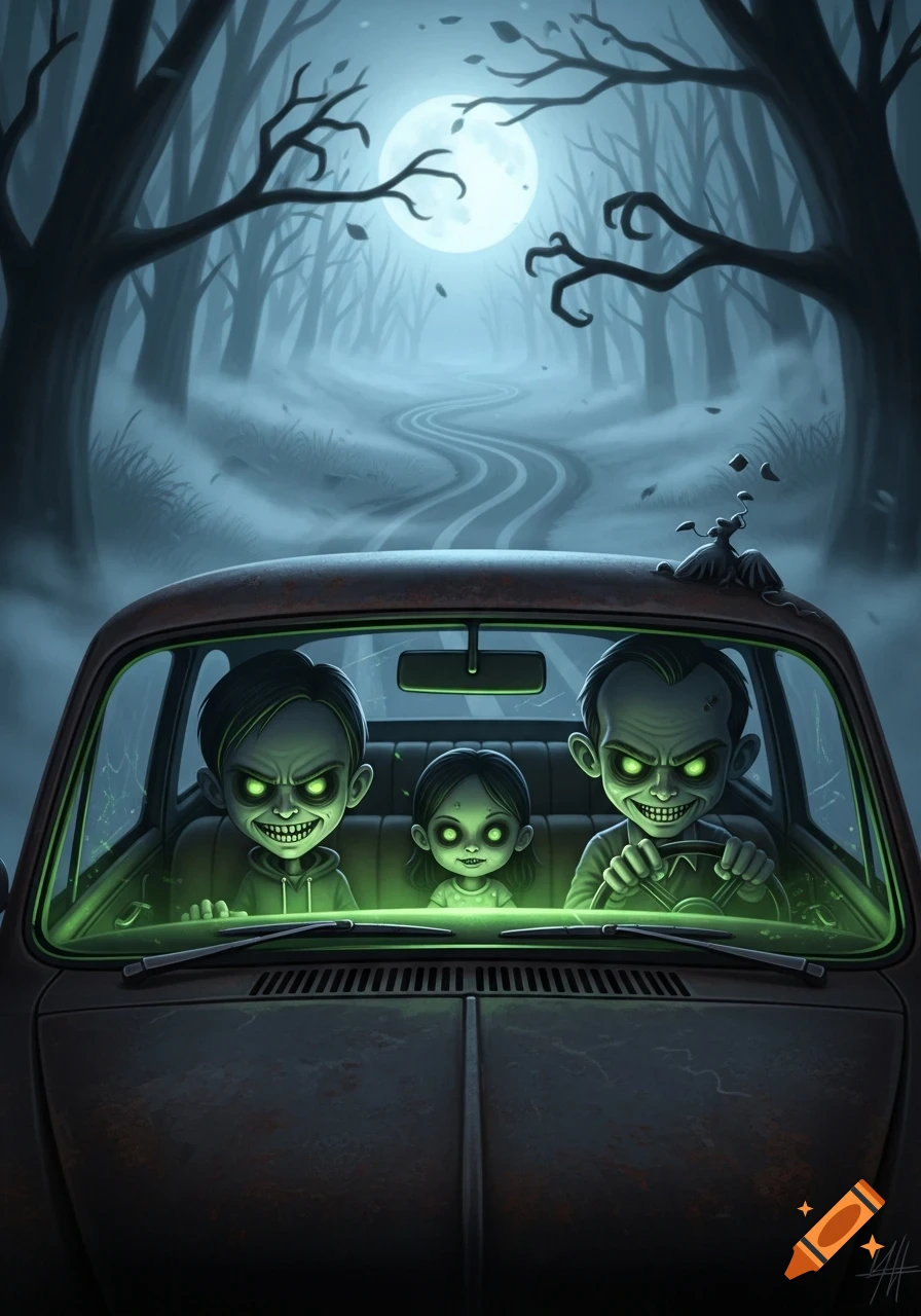 Creepy cartoon family with glowing eyes in a car driving through a foggy, moonlit forest at night.