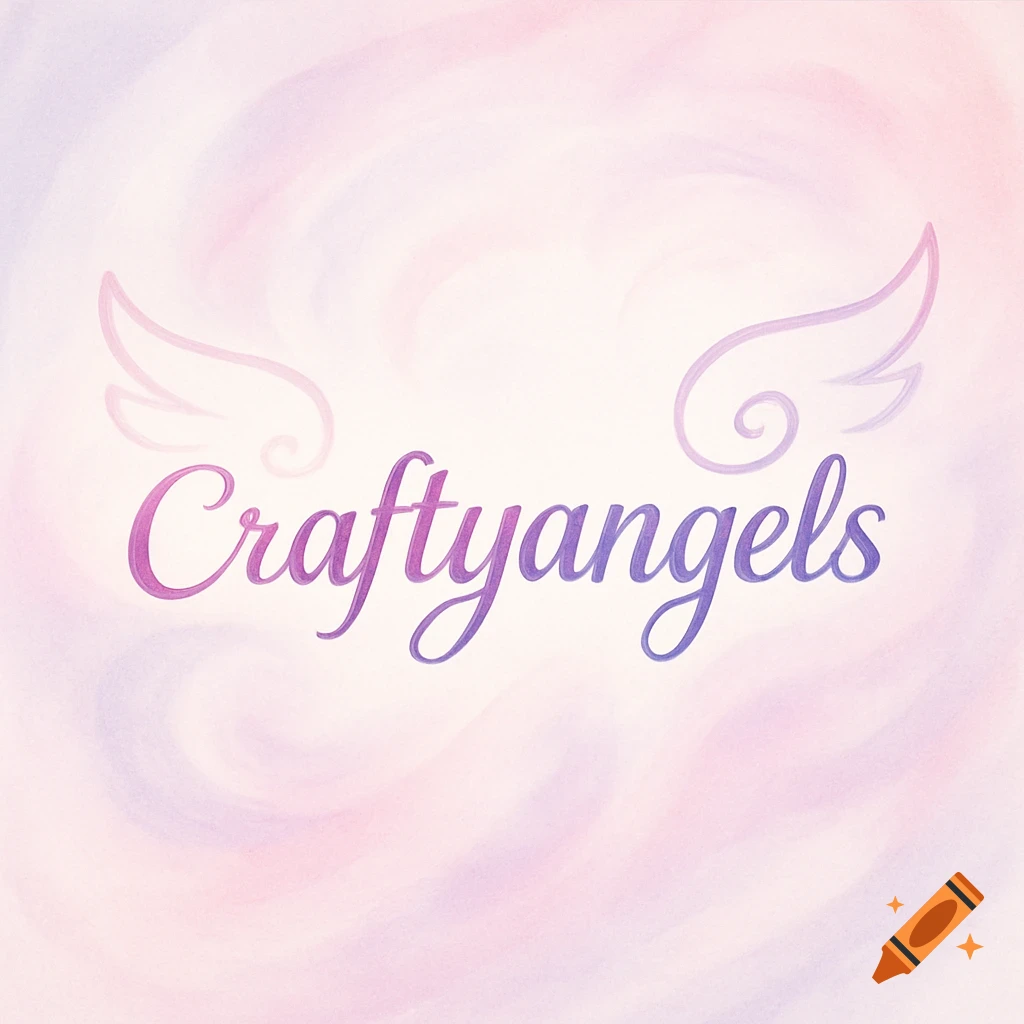 A logo with 'Craftyangels' in a purple and pink cursive font, with light pink angelic wings, on a pastel pink and purple background.