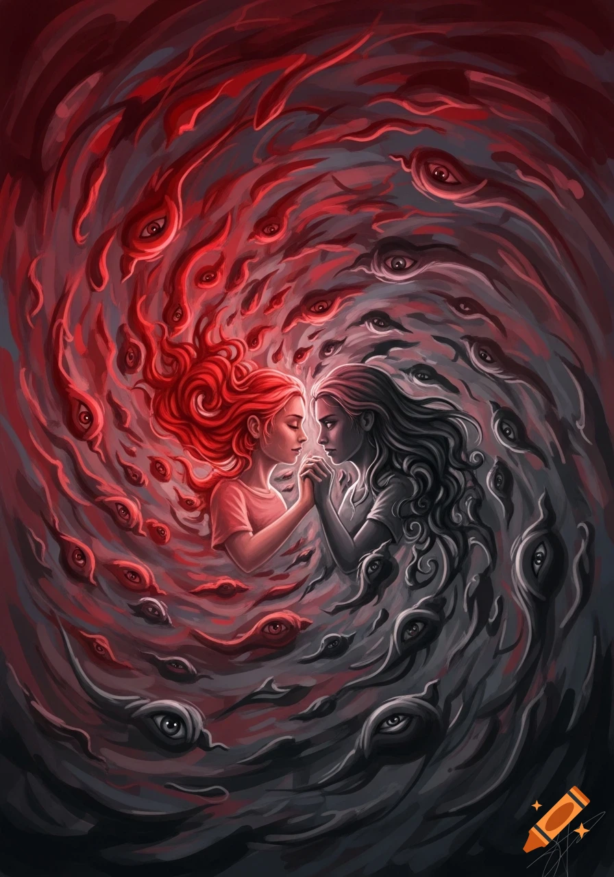 Digital painting of two women, one red and one gray, holding hands, surrounded by swirling red and gray eye patterns.